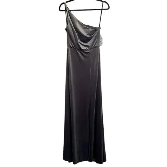 NWT After Six One Shoulder Spaghetti Strap Velvet Maxi Gown Dress 14 Caviar Gray - Picture 13 of 15
